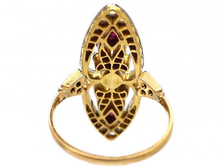 Art Deco 18ct Gold & Platinum, Diamond, Ruby & Natural Pearl Marquise Ring
