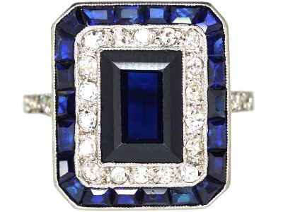 French Art Deco Platinum, Sapphire & Diamond Rectangular Ring with Diamond Set Shoulders