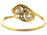 Art Nouveau 18ct Gold & Platinum, Two Stone Diamond Crossover Ring with Rose Diamond Detail
