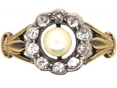 Edwardian 18ct Gold, Natural Pearl & Diamond Cluster Ring