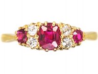 Edwardian 18ct Gold, Ruby & Diamond Three Stone Boat Shaped Ring