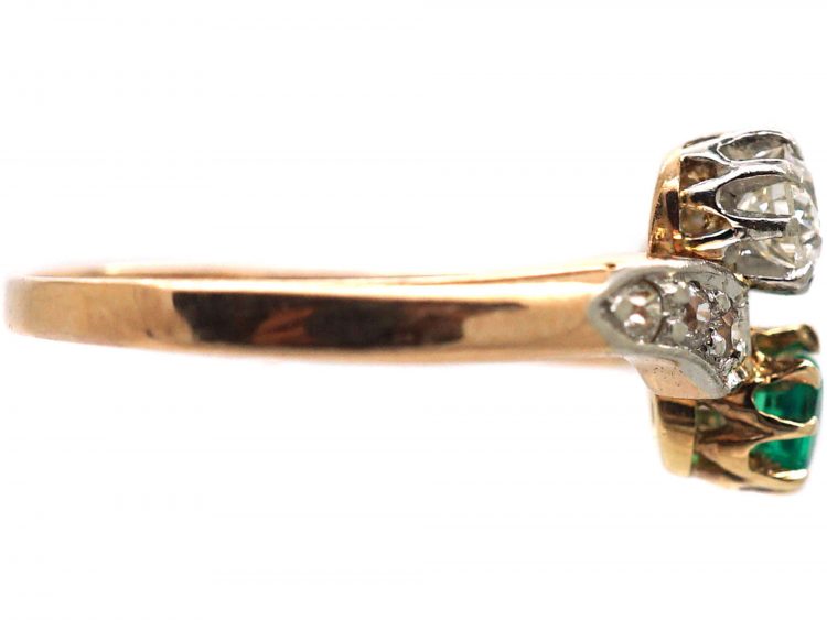 Edwardian 14ct Gold & Platinum, Emerald & Diamond Crossover Ring