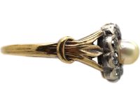 Edwardian 18ct Gold, Natural Pearl & Diamond Cluster Ring