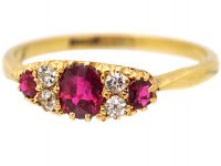 Edwardian 18ct Gold, Ruby & Diamond Three Stone Boat Shaped Ring