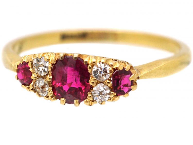 Edwardian 18ct Gold, Ruby & Diamond Three Stone Boat Shaped Ring