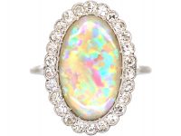 Art Deco Diamond & Large Harlequin Opal Oval Shaped Ring