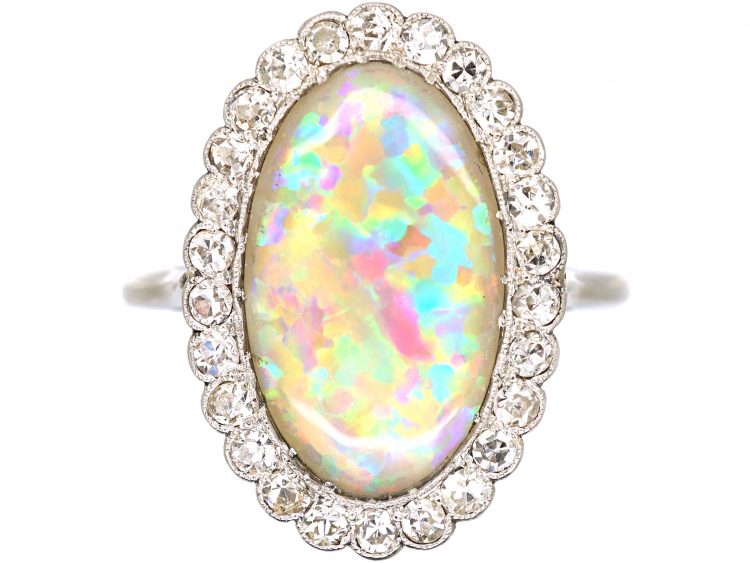 Art Deco Diamond & Large Harlequin Opal Oval Shaped Ring