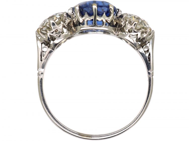 Art Deco Platinum, Large Sapphire & Diamond Three Stone Ring