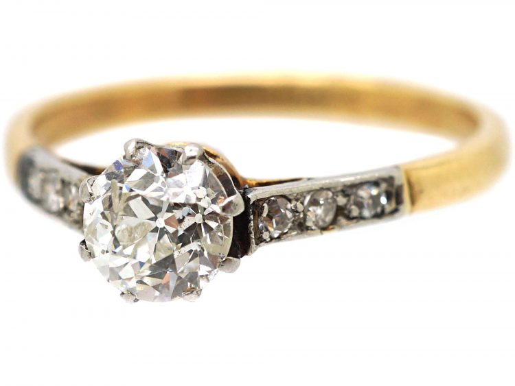 Art Deco 18ct Gold & Platinum, Diamond Solitaire Ring with Diamond Set Shoulders