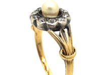 Edwardian 18ct Gold, Natural Pearl & Diamond Cluster Ring