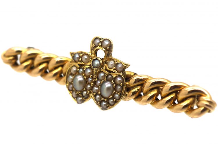 Edwardian 15ct Gold Brooch with Double Heart Motif set with Natural Split Pearls