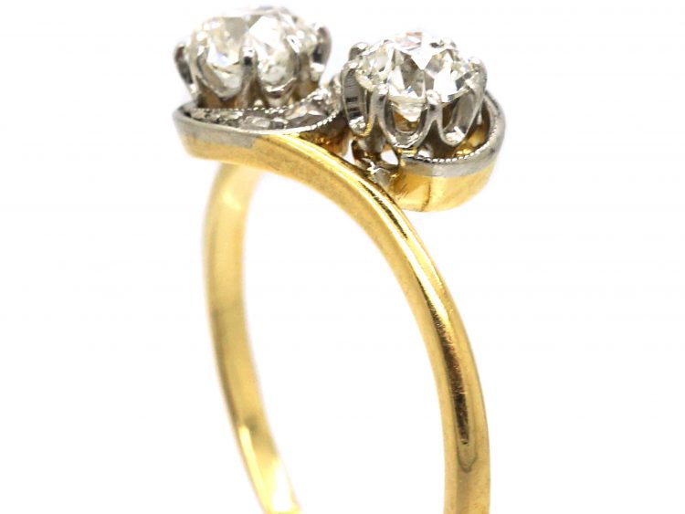 Art Nouveau 18ct Gold & Platinum, Two Stone Diamond Crossover Ring with Rose Diamond Detail