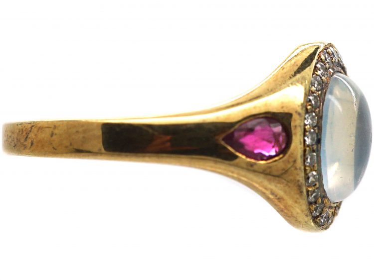 Art Deco 18ct Gold, Moonstone, Diamond & Ruby Ring