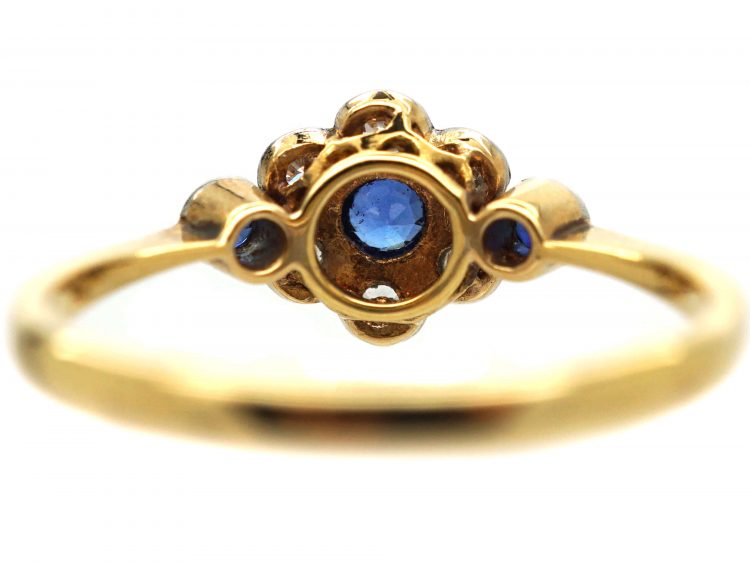 Edwardian 18ct Gold & Platinum, Sapphire & Diamond Cluster Ring with a Sapphire on Either Side