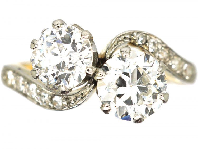 Edwardian 18ct Gold & Platinum Two Stone Diamond Cross Over Ring