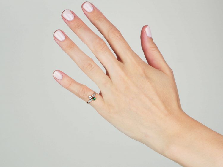 Edwardian 14ct Gold & Platinum, Emerald & Diamond Crossover Ring