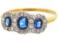Edwardian 18ct Gold & Platinum, Triple Cluster Ring set with Sapphires & Diamonds