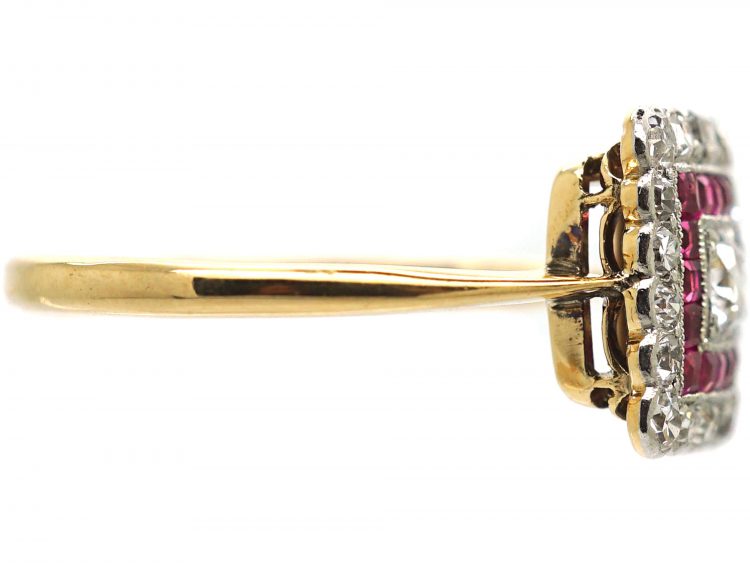 Art Deco 18ct Gold & Platinum, Square Shaped Ring set with Diamonds & Rubies