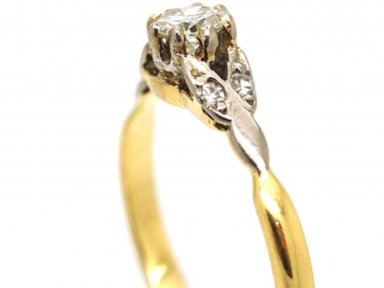 Art Deco Diamond Solitaire Ring with Diamond Set Leaf Shoulders