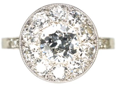 Art Deco Platinum, Diamond Cluster Ring with Diamond Shoulders