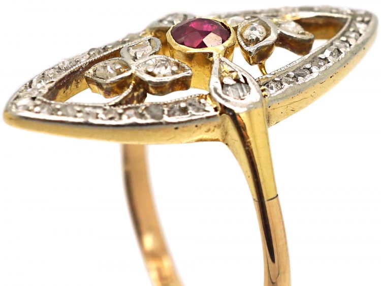 Art Nouveau 18ct Gold & Platinum, Rose Diamond & Ruby Marquise Ring