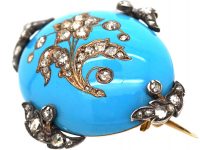 Victorian 15ct Gold, Turquoise Enamel Brooch with Rose Diamond Set Forget me Not Flower