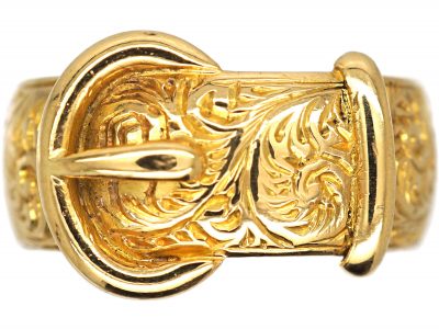 Edwardian 18ct Gold Buckle Ring with Fine Engraving Throughout