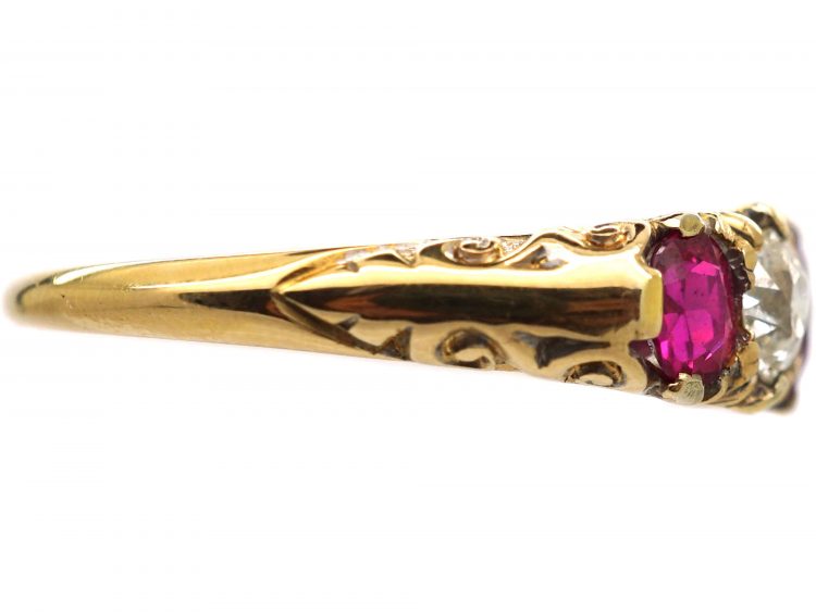 Victorian 18ct Gold, Ruby & Diamond Carved Half Hoop Ring