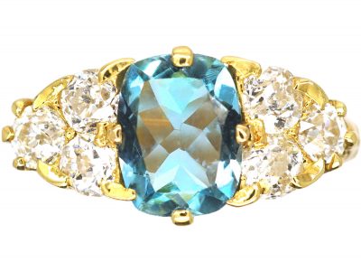 Edwardian 18ct Gold, Aquamarine & Old Mine Cut Diamond Ring