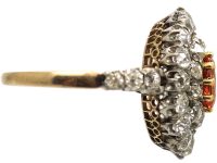 Edwardian 18ct Gold, Orange Sapphire and Diamond Cluster Ring with Diamond Set Shoulders
