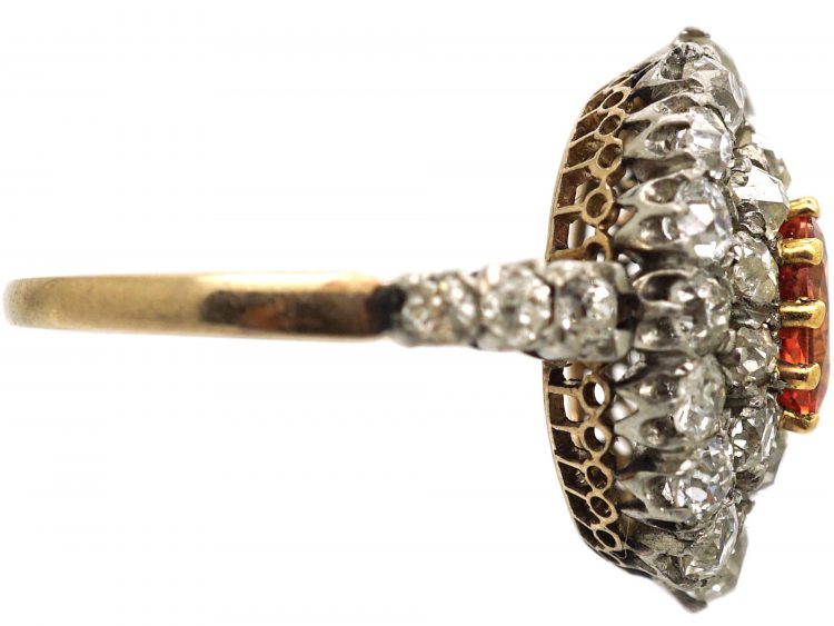Edwardian 18ct Gold, Orange Sapphire and Diamond Cluster Ring with Diamond Set Shoulders