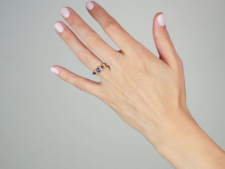 Edwardian 18ct Gold Sapphire & Diamond Three Stone Scroll Design Ring