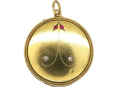 Art Nouveau 18ct Gold Round Locket Set with Rubies & Rose Diamonds