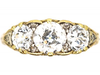 Victorian 18ct Gold, Three Stone Diamond Carved Half Hoop Ring
