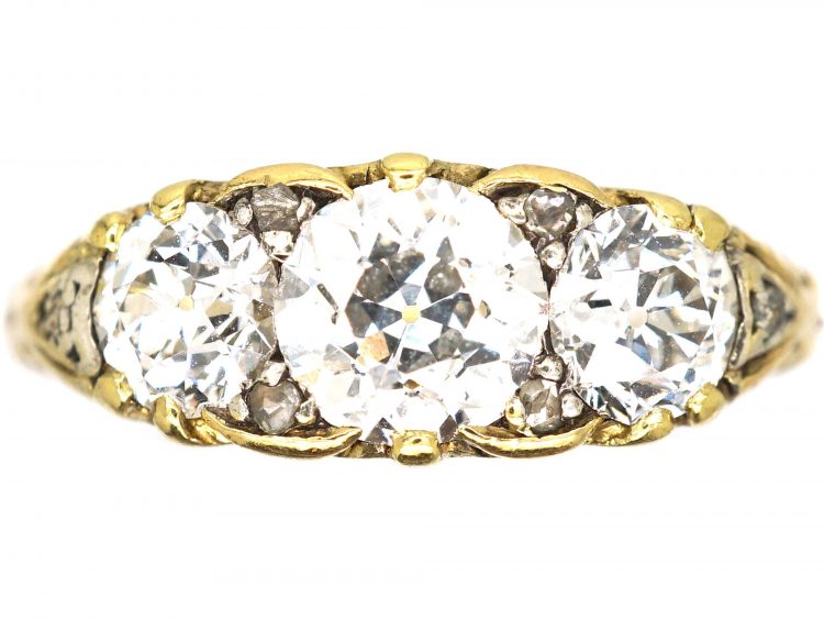 Victorian 18ct Gold, Three Stone Diamond Carved Half Hoop Ring