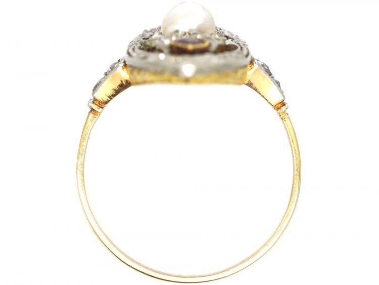Art Deco 18ct Gold & Platinum, Diamond, Ruby & Natural Pearl Marquise Ring