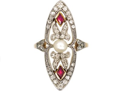 Art Deco 18ct Gold & Platinum, Diamond, Ruby & Natural Pearl Marquise Ring