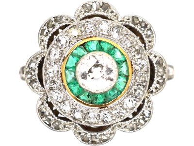 Art Deco 18ct Gold and Platinum, Emerald and Diamond Target Ring with Scalloped Surround
