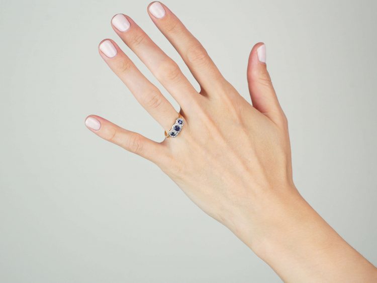 Edwardian 18ct Gold & Platinum, Triple Cluster Ring set with Sapphires & Diamonds
