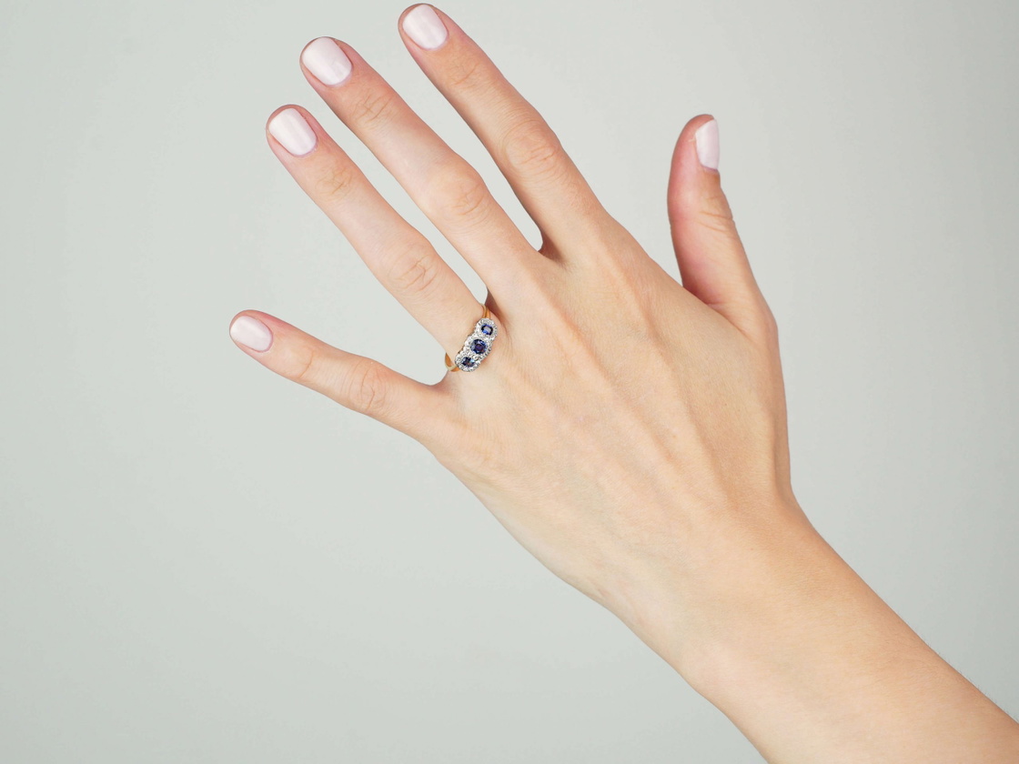 Edwardian 18ct Gold & Platinum, Triple Cluster Ring set with Sapphires ...
