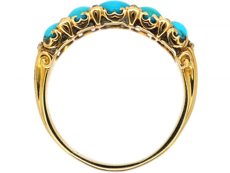 Victorian 18ct Gold, Five Stone Turquoise & Rose Diamond Forget me Not Ring