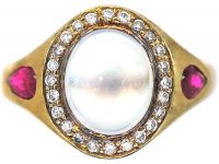 Art Deco 18ct Gold, Moonstone, Diamond & Ruby Ring