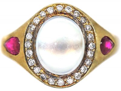 Art Deco 18ct Gold, Moonstone, Diamond & Ruby Ring