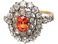 Edwardian 18ct Gold, Orange Sapphire and Diamond Cluster Ring with Diamond Set Shoulders