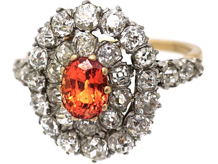 Edwardian 18ct Gold, Orange Sapphire and Diamond Cluster Ring with Diamond Set Shoulders