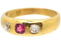 Edwardian 18ct Gold, Pink Sapphire & Diamond Three Stone Rub Over Ring