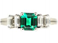 18ct White Gold, Emerald & Baguette Diamond Ring