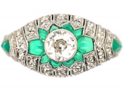 Art Deco Platinum, Green Chalcedony & Diamond Stylised Cluster Ring