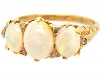 Edwardian 18ct Gold, Three Stone Opal Ring with Rose Diamond Points