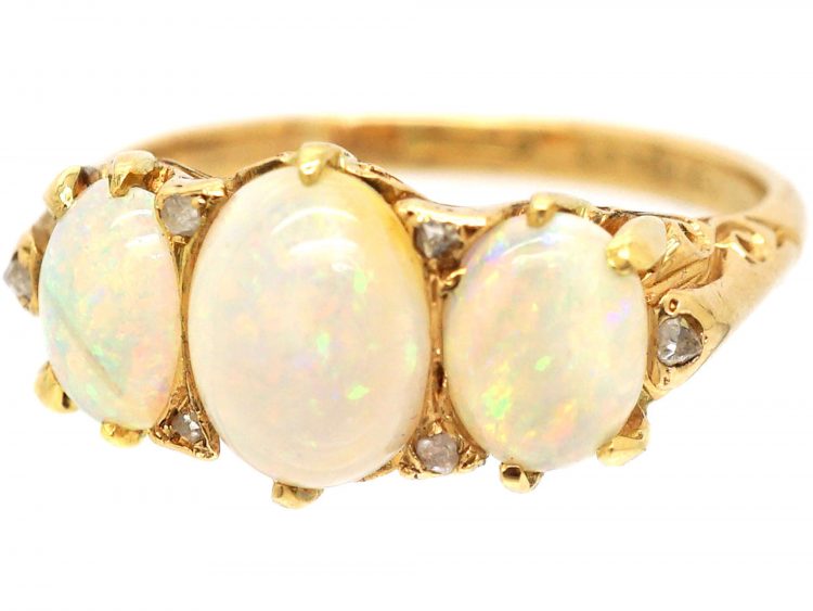 Edwardian 18ct Gold, Three Stone Opal Ring with Rose Diamond Points